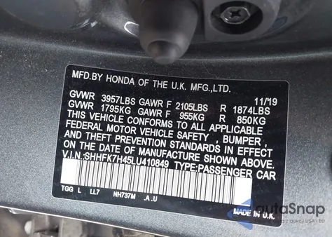 2020 Honda Civic Sport from USA, damaged, VIN SHHFK7H45LU410849